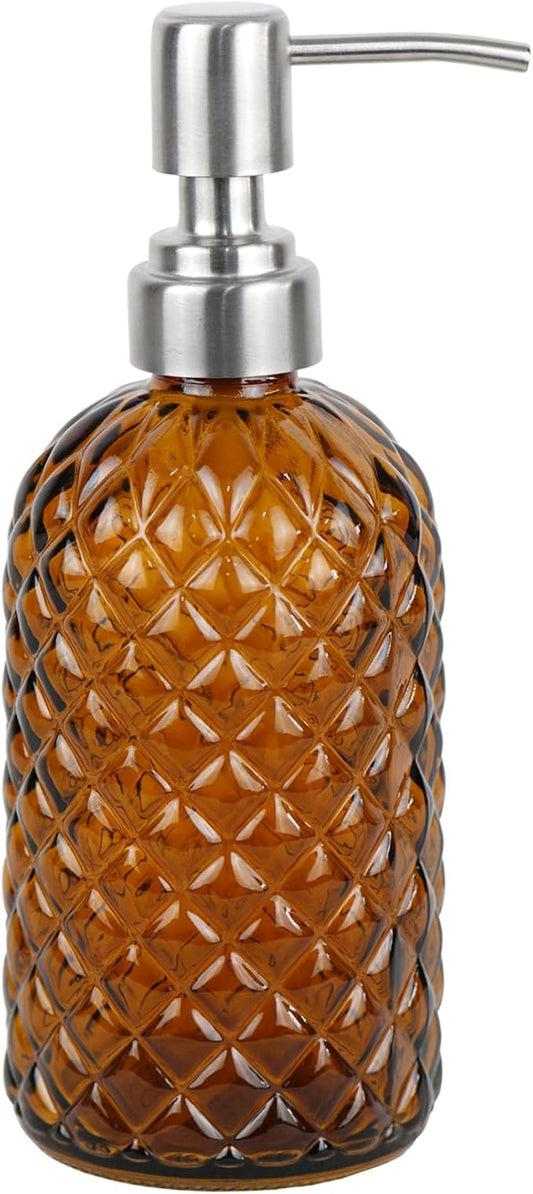 16 oz Diamond Pattern Glass Soap Dispenser, Kitchen and Bathroom Refillable Soap Dispenser with Rust Resistant Stainless Steel Pump for Hand Soap, Lotion Glass Liquid Dispenser(Amber) by SDlumeiy