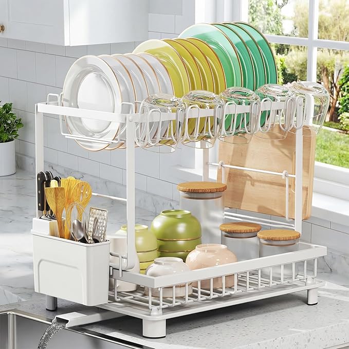 Multifunctional Dish Drying Rack - Rustproof, 2-Tier Dish Racks with Drainboard, Space-Saving Design, Utensil & Cup Holder for Kitchen Counter, White - Image 8