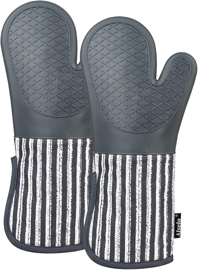 Alselo Silicone Oven Mitts Heat Resistant 932℉ with Waterproof & Non-Slip Kitchen Mittens, Set of 2 Extra Long Oven Gloves with Soft Cotton Terry Lining for Baking Cooking Barbecue - Image 9