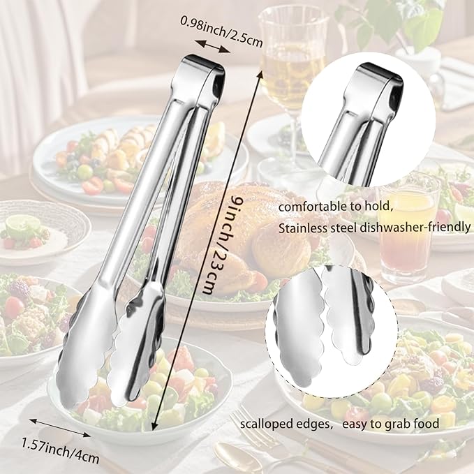 6pcs Stainless Steel Serving Tongs Gold or Silver Plated 9inch Heavy Duty Durable BBQ Clamps Design for Weddings Parties Banquets Buffets Family Gatherings Kitchen Cooking Serving Clip - Image 2