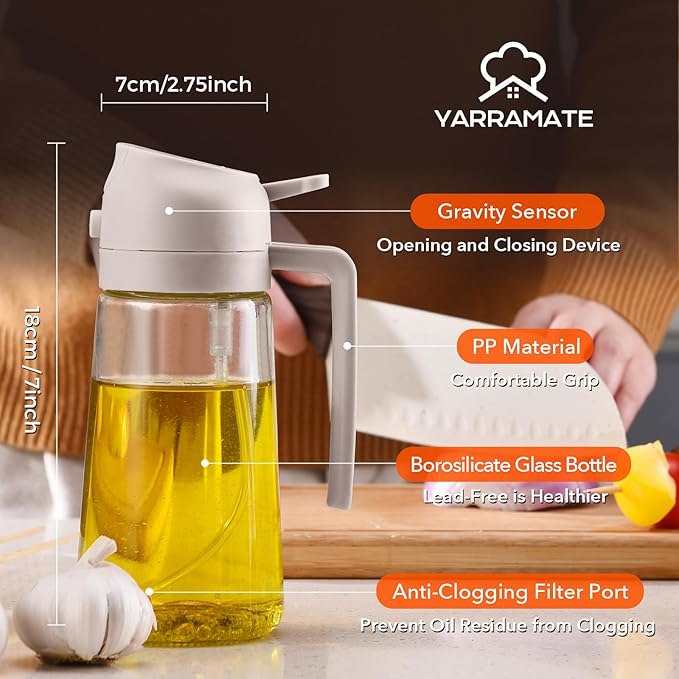 YARRAMATE 16oz/470ml Glass Olive Oil Sprayer for Cooking with Stickers, 2 in 1 Oil Dispenser for Kitchen Gadgets, Food Grade Premium Spray Bottle for Salad, Frying, BBQ (LotusRootPink) - Image 8