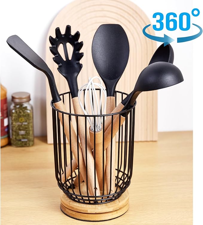 WDT Tool Utensil holder for Kitchen Counter，Large Utensils Holder For Farmhouse Cooking, Utensil Caddy Spatula Holder (Rotating+Metal+Bamboo-1) - Image 2