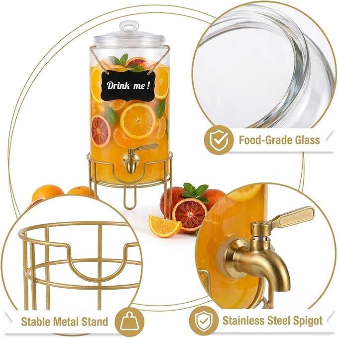 Drink Dispensers for Parties 1 Gallon, Bevarage Dispenser with Stand,Glass Drink Dispenser With Stainless Steel Spigot + Marker & Chalkboard, Ideal for Lemonade,Juice, Tea, and Party Drinks - Image 2