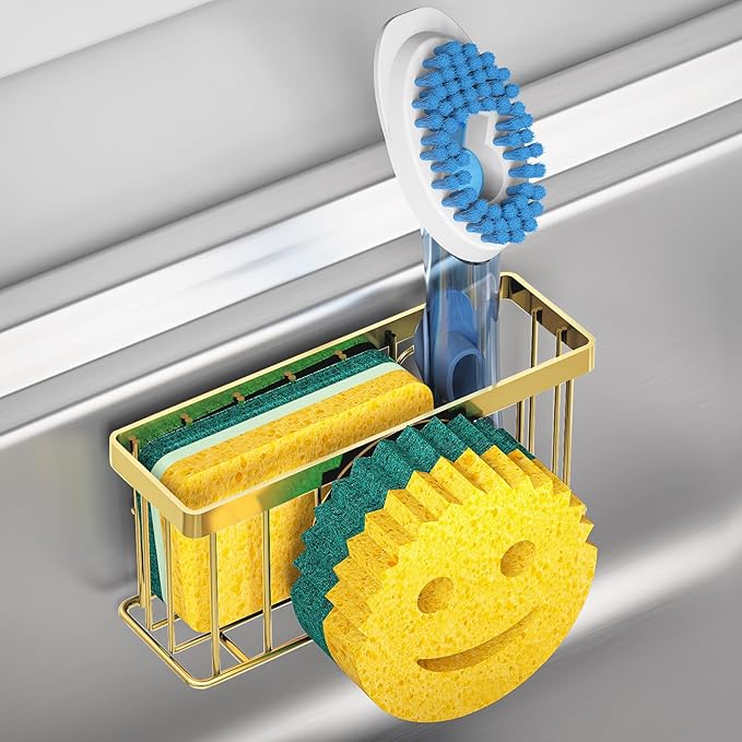 MURLONG Sponge Holder Smiley Face, Sink Caddy for kitchen Sink, Kitchen Organizer Sponge Holder with 2 PCS Suction Cups/1 PCS Adhesive Strips, Designed for Sponge, Soap, Dish brush, Scrubber-Gold by MURLONG
