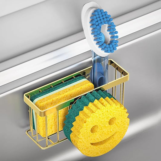 MURLONG Sponge Holder Smiley Face, Sink Caddy for kitchen Sink, Kitchen Organizer Sponge Holder with 2 PCS Suction Cups/1 PCS Adhesive Strips, Designed for Sponge, Soap, Dish brush, Scrubber-Gold by MURLONG
