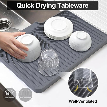 Dish Drying Mat for Kitchen Counter, with Built-in Drain Lip, Food-Grade Silicone, Easy Clean Pad for Countertop Protection, Multi-Functional Use (18 x12 Raised Sink, Grey) - Image 6