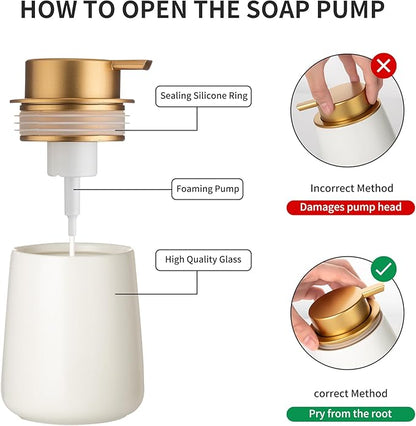 Enra Foaming Soap Dispenser,12 oz Beige Ceramic Modern Foam Hand Soap Dispenser for Bathroom,Kitchen with Easy-to-Press Pump (White Foam Gold Pump)