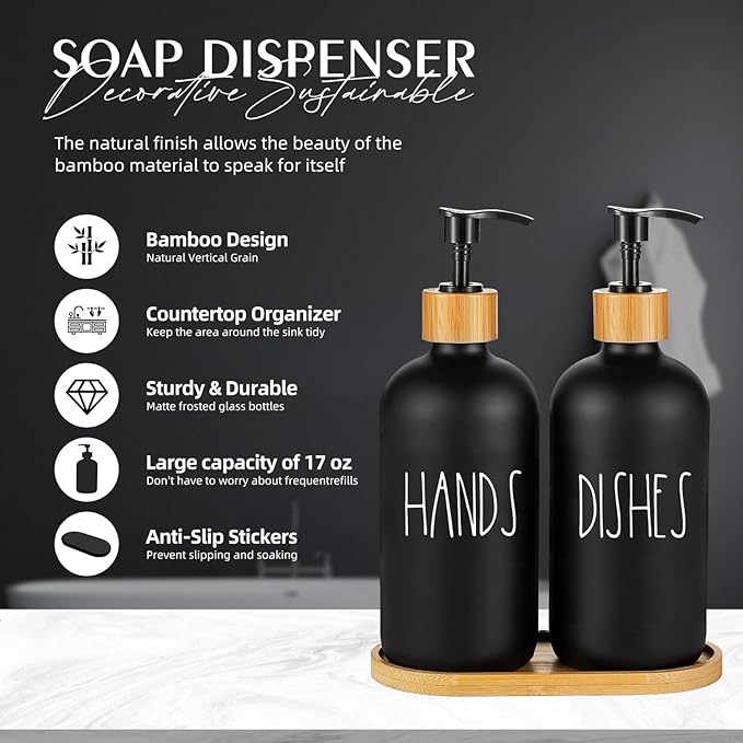 Arktek Glass Soap Dispenser Set with Tray, 2 Pack Hand and Dish Soap Dispenser Set for Bathroom and Kitchen Bottle Dispenser with Dish Soap, Hand Soap, Lotion 17 Oz (2 Black) - Image 3