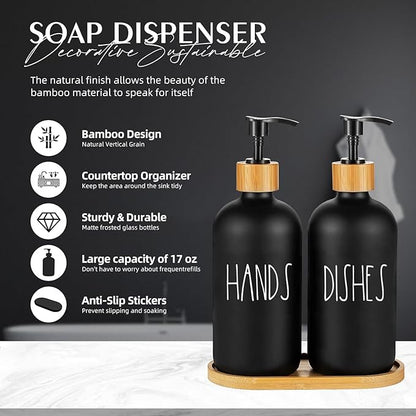 Arktek Glass Soap Dispenser Set with Tray, 2 Pack Hand and Dish Soap Dispenser Set for Bathroom and Kitchen Bottle Dispenser with Dish Soap, Hand Soap, Lotion 17 Oz (2 Black) - Image 3