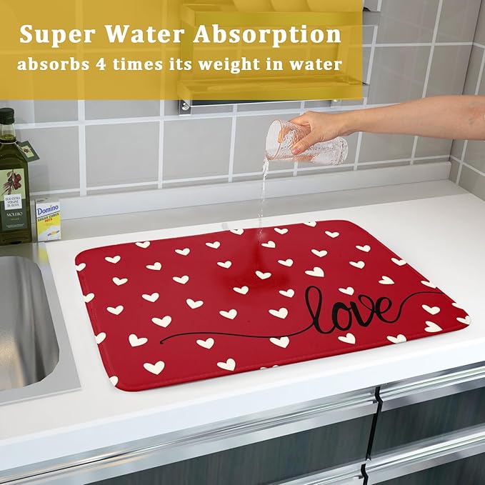 Giwawa Red Hearts Dish Drying Mat 18"x24", Valentines Day Symbol of Love Dish Drainer Mats, Romantic Reversible Dish Drying Rack Pad Protector for Kitchen Countertop Tabletop Large Decor