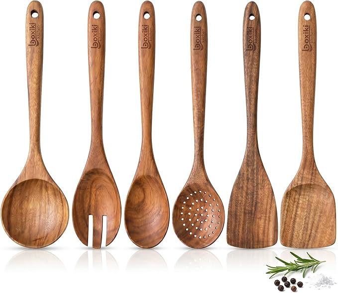 Boxiki Kitchen Luxury Teak Wood Utensil Set - Elegant 6-Piece Cooking Ensemble Including Spoons, Server, Scraper & Spatula - Expertly Crafted for Culinary Excellence by Boxikikitchen