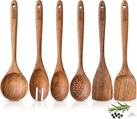 Boxiki Kitchen Luxury Teak Wood Utensil Set - Elegant 6-Piece Cooking Ensemble Including Spoons, Server, Scraper & Spatula - Expertly Crafted for Culinary Excellence by Boxikikitchen