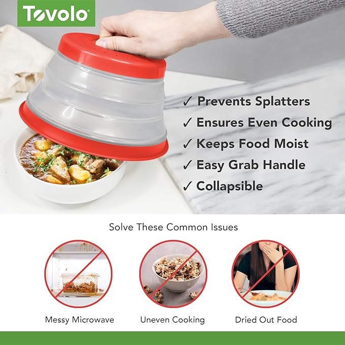 Tovolo Microwave Splatter Cover for Food, 3-Pack (Candy Apple Red) - Collapsible & Vented Silicone Splatter Guard Lid - Microwave Plate & Dish Cover with Handle - BPA-Free Kitchen Gadget for Meal Prep - Image 3