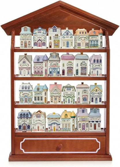 Chunful Vintage Spice Jar Wooden Rack with 4 Shelves and Drawer Hanging Spice Rack Wall Mounting Kitchen Storage Village Style Display Shelf for 24 Jars, Shelf Only(Classic)