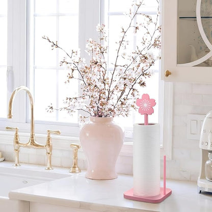 Leinuosen Pink Cherry Blossoms Paper Towel Holder Cute Bow Wooden Paper Towel Holder Pink Bathroom Countertop Accessories Kitchen Roll Stand Organizer Standing Apartment Decor Housewarming Gift