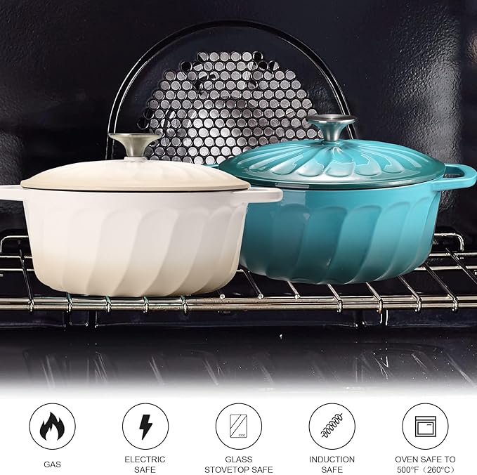 6 QT Enameled Cast Iron Dutch Oven with Lid, Non-Seasoning Enamel Coated Pot, 500°F Oven Safe, Dual Handles, Compatible with All Cooktops for Bread Baking, Braising & Stewing, White (White,6 QT)