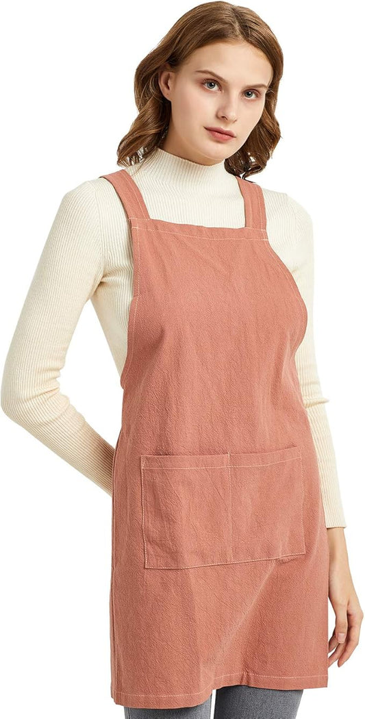 ELEZAY Aprons for Women with Pockets Plus Size Comfort Cross Back No Tie Cotton Linen Apron Pinafore