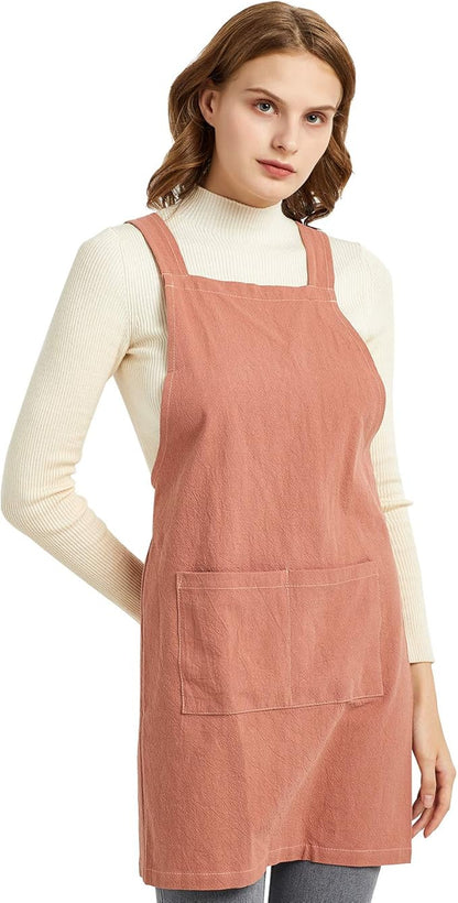 ELEZAY Aprons for Women with Pockets Plus Size Comfort Cross Back No Tie Cotton Linen Apron Pinafore