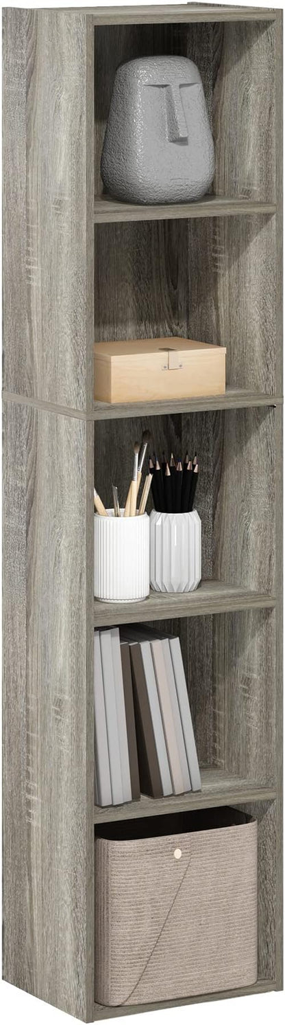 Furinno PASIR Book Shelf, 5-Tier Tall Narrow Bookshelf, Open Shelves Bookcase, 9 x 12 x 52, Easy Assembly, for Living Room, Bedroom, Home Office, French Oak by Furinno-FitsYourSpaceFitsYourBudget