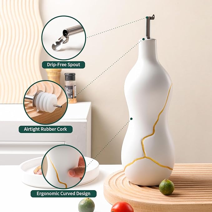 BosilunLife Ceramic Olive Oil Dispenser Bottle, 22 Oz Oil Cruet with Elegant Gold Accent & Curved Ergonomic Design, Non‑Drip Vinegar Bottle for Kitchen & Dining, White