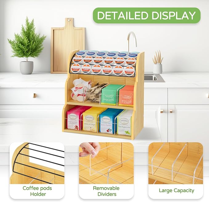 LASZOLA Bamboo Tea Bag and Coffee Holder Organizer for Cabinet Counter Office, 3 Tier Large Capacity Vertical K Cup and Tea Packet Storage Rack, Sturdy Display Stand, Easy Assemble - Image 3