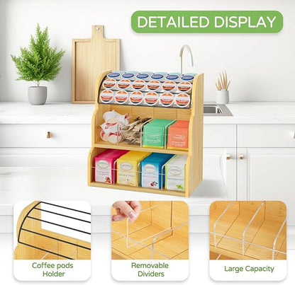 LASZOLA Bamboo Tea Bag and Coffee Holder Organizer for Cabinet Counter Office, 3 Tier Large Capacity Vertical K Cup and Tea Packet Storage Rack, Sturdy Display Stand, Easy Assemble - Image 3