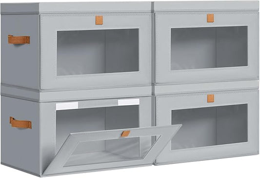 DIMJ Storage Bins with Lids - 4 Pack Large Fabric Closet Organizer with Window & Handles, Collapsible Decorative Storage Boxes for Shelves Under Bed, Books Clothes Blankets Sweaters Organization by DiMJ