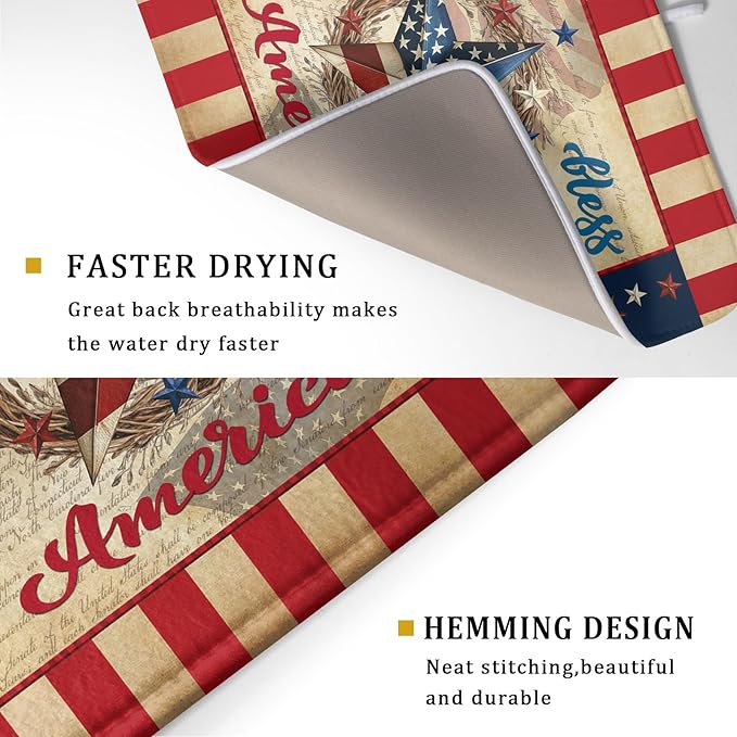 4th of July God Bless Dish Drying Mat for Kitchen Counter,American Flag Star Patriotic Independence Day Drying Mat 18 x 24 Inch with Absorbent Reversible Microfiber Drying Pad for Coffee Bar - Image 3