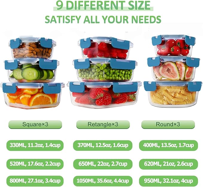 HOMBERKING Glass Food Storage Containers with Lids, [18 Piece] Glass Meal Prep Containers, Airtight Lunch Bento Boxes, BPA-Free & Leak Proof (9 lids & 9 Containers) - Deep Blue - Image 2