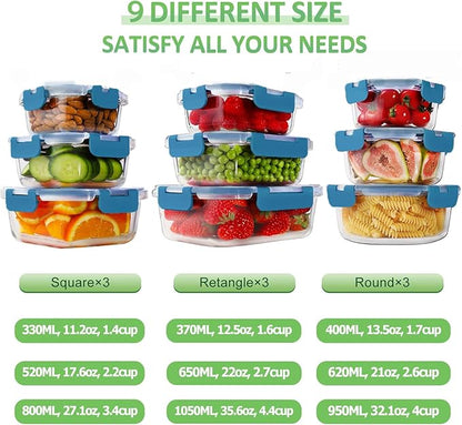 HOMBERKING Glass Food Storage Containers with Lids, [18 Piece] Glass Meal Prep Containers, Airtight Lunch Bento Boxes, BPA-Free & Leak Proof (9 lids & 9 Containers) - Deep Blue - Image 2