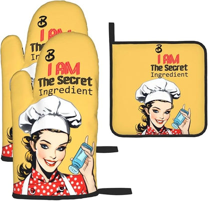 Cute Yellow Retro Chef Humorous Oven Mitts & Pot Holders Set of 3, Heat Resistant Funny Kitchen Gloves and Hot Pads for Cooking Baking Grilling, Gifts for Women Cooking Lovers, Home Decor, Yellow Red