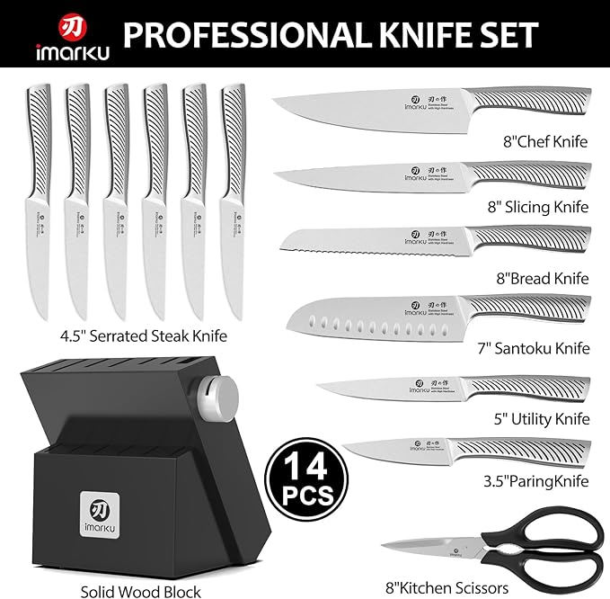 imarku 14-Piece Knife Block Set, Knife Set with Block and Build-in Sharpener, Japanese Stainless Steel Knife Set for Lasting Sharpness, Dishwasher Safe, Black - Image 3