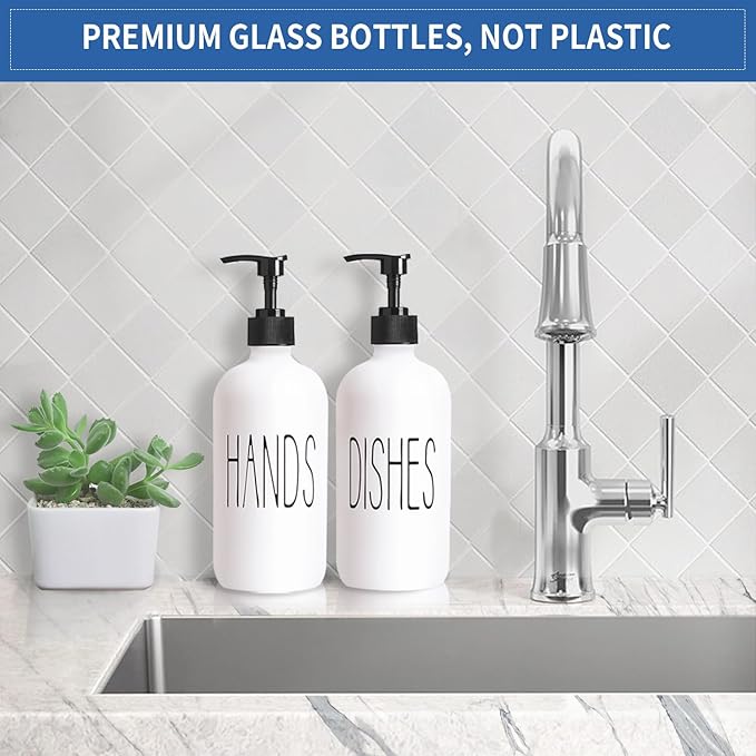 COHOSEGE 16 Oz Glass Soap Dispenser Set 2 Pack for Kitchen Sink,Contains Hand and Dish Soap Dispenser,White Kitchen Utensils - Image 2