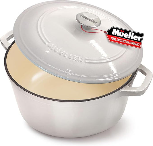 MUELLER HOME 7.5 QT Enameled Cast Iron Dutch Oven, Heavy-Duty Casserole Dish and Braiser Pan with Lid and Stainless Knob, Oven-Safe up to 500° F & Across All Cooktops, Oyster White by MUELLERHOME