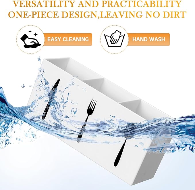 Suzile Acrylic Cutlery Storage Organizer Bin Silverware Caddy Countertop Knife Spoon and Fork Holder Kitchen 3 Section Tableware Storage Box for Cabinet Indoor Home Flatware Dining Room(White,L) - Image 3