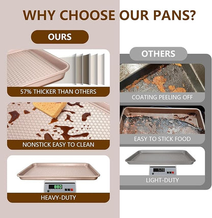 Wildone Baking Sheet Pan Set, Honeycomb Embossed Nonstick Baking Sheet 15x10 In, Thicker Carbon Steel Cookie Sheet, Even Heating Jelly Roll Pan, Rose Gold, 2 Pack - Image 8