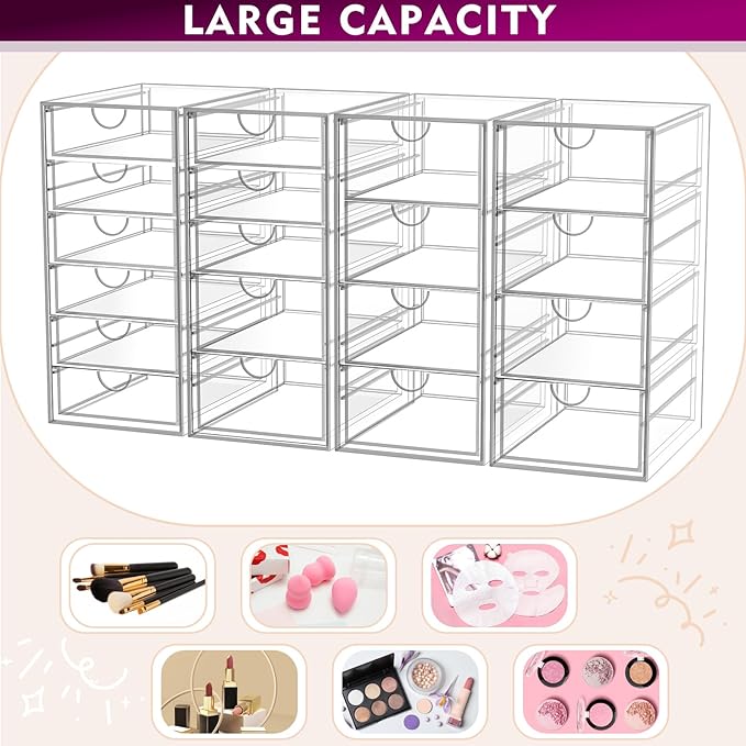 YFXCVSL Acrylic Makeup Organizer with 19 Drawers, 4 Pack Clear Storage Drawers, Bathroom Makeup Organizer for Palettes, Cosmetic, and Beauty Supplies,Ideal for Vanity, Cabinet,Desk Organization - Image 5