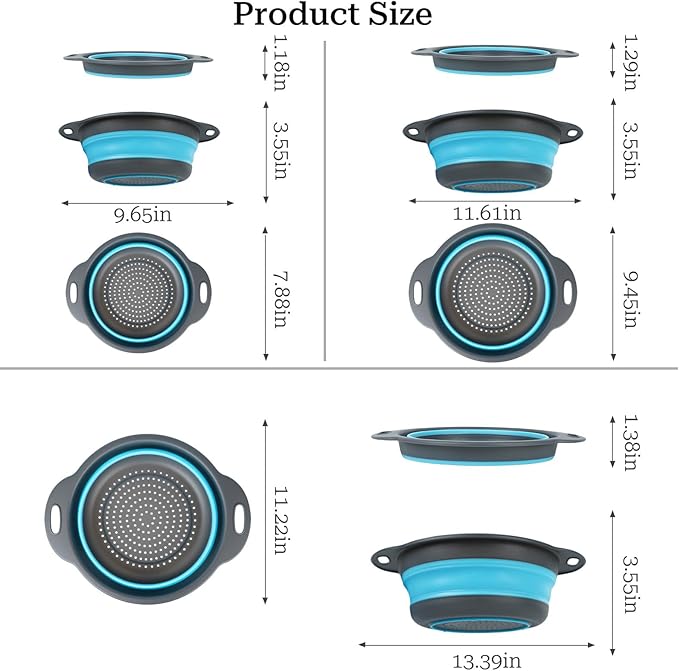 Collapsible Colander 3-Pack Set Space-Saving Foldable Kitchen Strainer with Non-Slip Base Durable Thickened PP+TPE Collapsible Strainers for Pasta, Vegetables, Fruits (Gray-Blue) - Image 2
