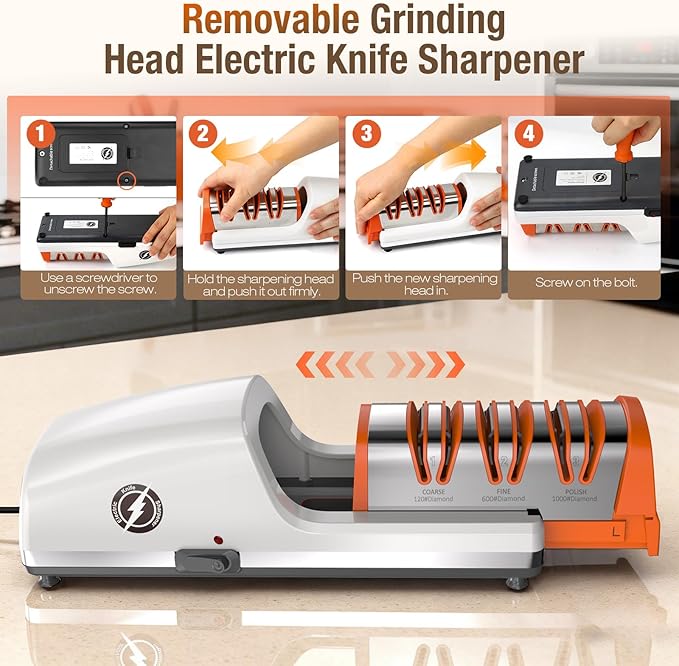 Replaceable Sharpener Electric Knife Sharpener, 3-Stage with 100% Diamond Abrasives & Precision Angle Guides, Kitchen Knife Sharpener with Sharpening and Polishing Function - Image 3