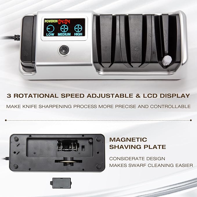 Silver Professional 3-Stage Electric Knife Sharpener for Kitchen Knives, LCD Screen, 100% Diamond Abrasive, Adjustable Rotational Speed, Precision Angle Guides for All Kitchen Knives - Image 6