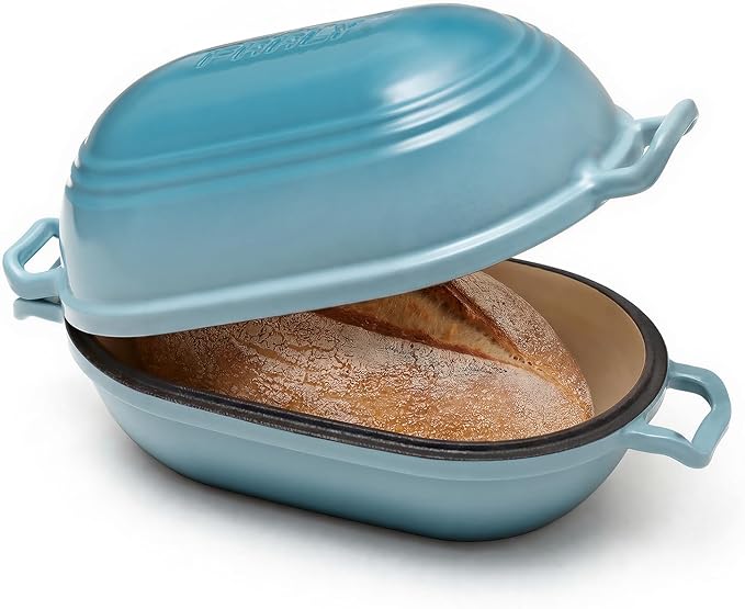 Enameled Cast Iron Dutch Oven for Sourdough Bread Baking,11 x 7 Inch Oval Cast Iron Bread Pan with Lid,Dutch Oven for Homemade Sourdough Baking,5 QT Meatloaf Pan,Oven Safe(Ocean Blue)