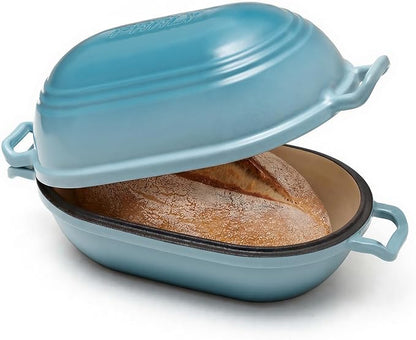 Enameled Cast Iron Dutch Oven for Sourdough Bread Baking,11 x 7 Inch Oval Cast Iron Bread Pan with Lid,Dutch Oven for Homemade Sourdough Baking,5 QT Meatloaf Pan,Oven Safe(Ocean Blue)