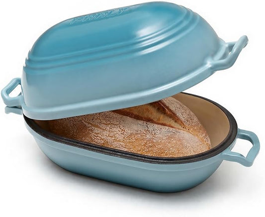 Enameled Cast Iron Dutch Oven for Sourdough Bread Baking,11 x 7 Inch Oval Cast Iron Bread Pan with Lid,Dutch Oven for Homemade Sourdough Baking,5 QT Meatloaf Pan,Oven Safe(Ocean Blue)
