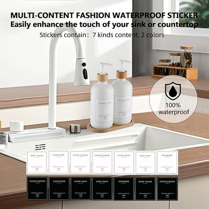 White Glass Soap Dispenser - Hand Dish Soap Dispenser Set for Kitchen, Bathroom with Sturdy Pump and Tray, 14 Waterproof Labels,Refillable Soap Lotion Dispenser-White