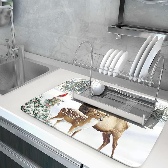Giwawa Winter Deer Dish Drying Mat 18"x24" Xmas Tree Bird Holly Berry Dish Drainer Mats Elk Moose Snow Cottage Farmhouse Reversible Large Dish Drying Pad Protector for Kitchen Countertop Decor