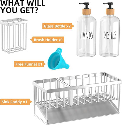 Cisily Kitchen Dish Soap Dispenser Set Stainless Steel Sponge Holder and 2 Pack 16.9oz Clear Glass, Dish Soap Dispensers, Vintage Hand and Dish Soap Dispensers Set, Dispensador De Jabon De Cocina - Image 2