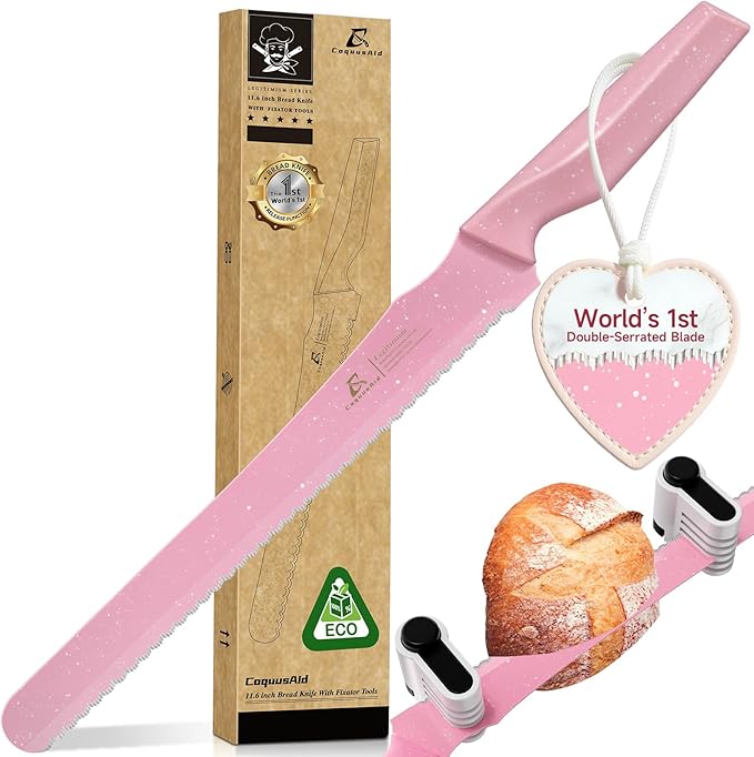 CoquusAid Upgrade Bread Knife for Homemade Bread, World‘s 1st Double Serrated Knife for Crusty Sourdough, 11.6 Inch Stainless Steel Bread Slicer, Professional Sourdough Cutter, Ideal for Gift, Pink by CoquusAid