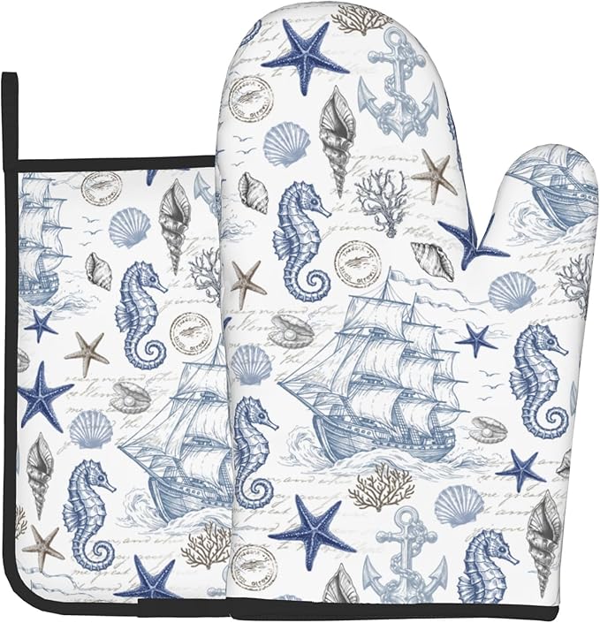 Navy Blue Oven Mitts and Pot Holders Sets Summer Beach Starfish Seashell Oven Glove Hot Pads for Kitchen Nautical Chef Gifts for Cooking Lover Cooks by DZGlobal