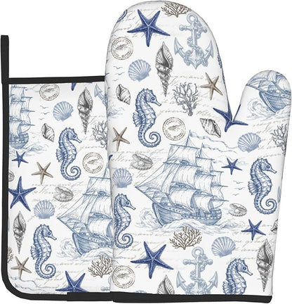 Navy Blue Oven Mitts and Pot Holders Sets Summer Beach Starfish Seashell Oven Glove Hot Pads for Kitchen Nautical Chef Gifts for Cooking Lover Cooks by DZGlobal
