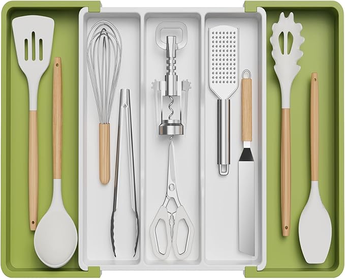 Lifewit Utensil Organizer for Kitchen Drawers, Expandable Cooking Utensil Tray, Adjustable Cutlery Silverware Flatware Holder, Plastic Spatula Tools Storage Divider, 13-22 x 15", Green&White by Lifewit